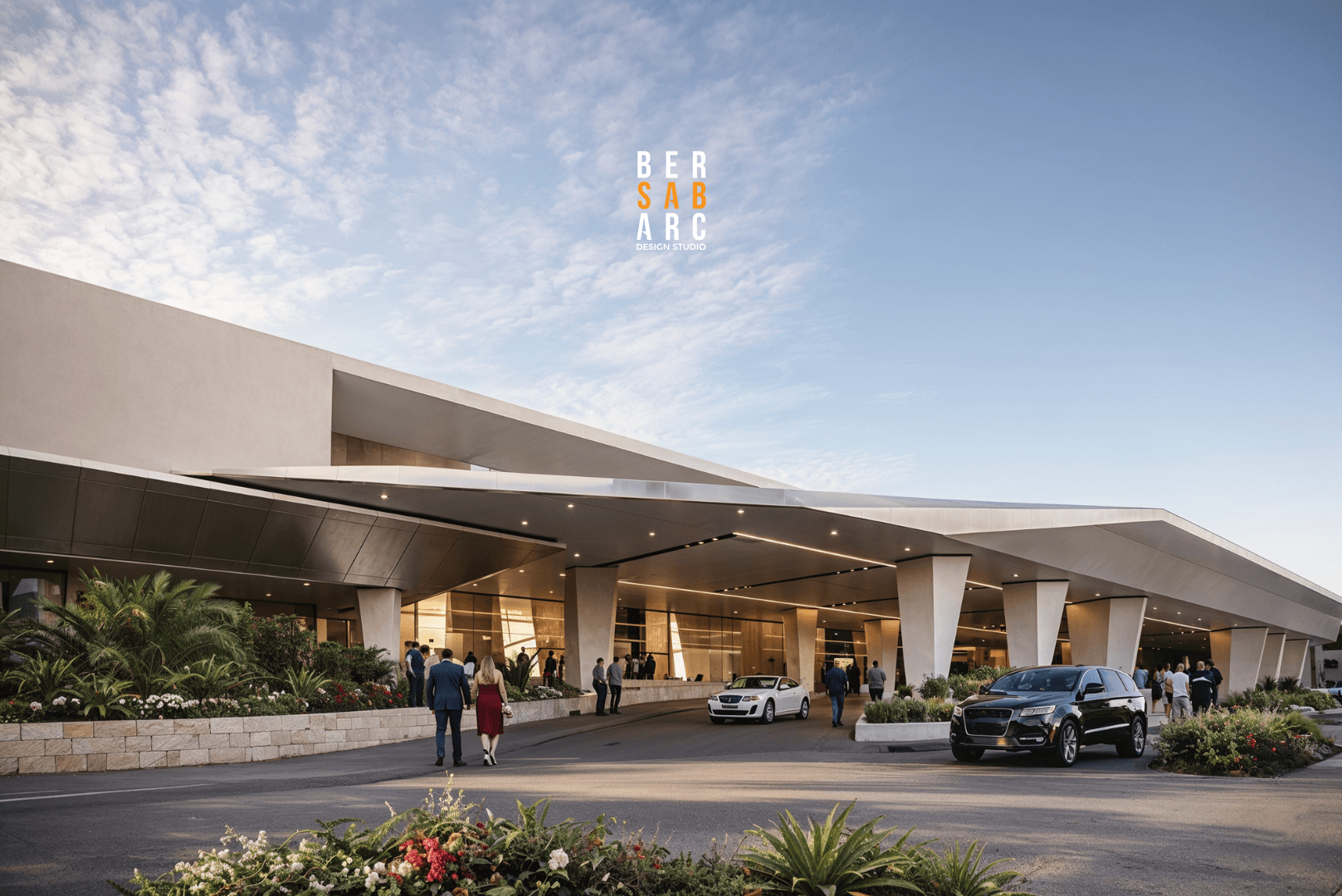 Davcon Maa convention center, main entrance and porte-cochère at dusk, by BER SAB ARC Design Studio